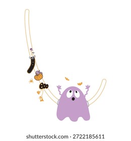 Fantasma roxo assombrado com braços estendidos, rodeado por elementos de Halloween como abóboras, aranhas, morcegos e guirlandas, design festivo e assustador, arte lúdica