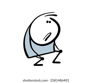 Startled stickman sat down in surprise. Vector illustration of a man with his knees bent and looking at a surprise in confusion. Isolated funny character on white background.