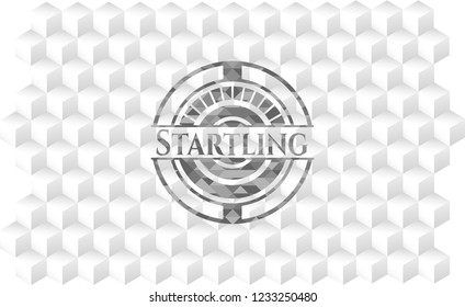 Startling grey badge with geometric cube white background