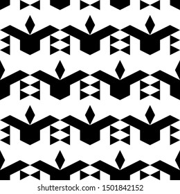 startSeamless pattern. Rhombuses, triangles, figures ornament. Diamonds, triangular shapes, signs backdrop. Folk background. Ethnic motif. Digital paper, textile print, design, abstract. Vector .