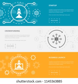 Startup 3 horizontal webpage banners template with Startup, Crowdfunding, Business Launch concept icons. Flat modern isolated icon illustration.