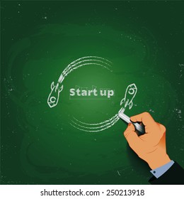 startup 3d hand piesht chalk on a blackboard. EPS