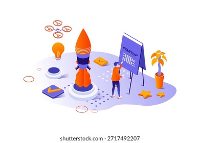 Concepto isométrico 3d de inicio con diseño de personas isométricas para Web. Empresario desarrollando nuevo proyecto empresarial, iniciando la Empresa y lanzando la empresa con estrategia de marketing. Ilustración vectorial.