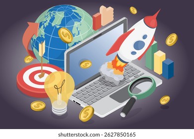 Inicialização. Ilustração plana isométrica 3d de laptop, foguete, planeta, objetivo e ideia. Conceito de início e desenvolvimento de negócios.