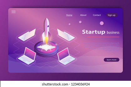 Startup 3d isometric style technology business concept web infographics vector illustration. Illustration concept of business product on market. Business startup isometric template with launch rocket.