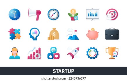 Startup 3d vector icon set. Business, teamwork, graph, opportunity, social media, investment, idea, development. Realistic objects in 3D style