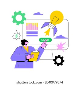 ilustración de vector de concepto abstracto StartUp. Lanzamiento de emprendimientos, emprendimiento, nueva idea de negocio, autoempleo, emprendimiento, mentores, validación de mercado e inversiones metáforas abstractas.