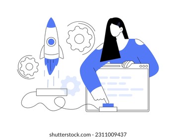 ilustración de vector de concepto abstracto StartUp. Lanzamiento de emprendimientos, emprendimiento, nueva idea de negocio, autoempleo, emprendimiento, mentores, validación de mercado e inversiones metáforas abstractas.