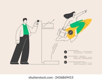 Ilustración abstracta del vector del concepto. Lanzamiento de emprendimientos, emprendimiento, nueva idea de negocio, autoempleo, emprendimiento, mentoring, validación de mercado e inversiones metáfora abstracta.