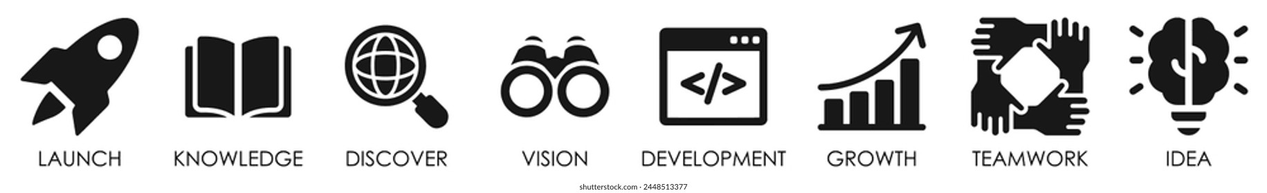 Startup abstract icons set. Starting business symbols flat 8 icons collection. Launch, development, growth, idea