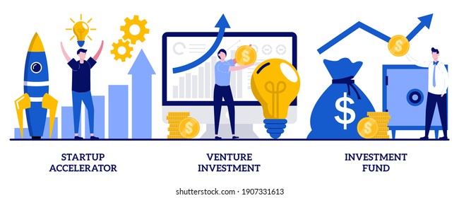 Startup accelerator, venture investment, investment fund concept with tiny people. Business incubator abstract vector illustration set. Business opportunity, angel investor, entrepreneur metaphor.