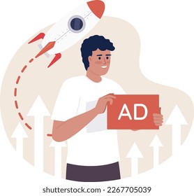 Startup advertising campaign flat concept vector spot illustration. Editable 2D cartoon character on white for web design. Creative idea for website, mobile, magazine. Quicksand Semibold font used