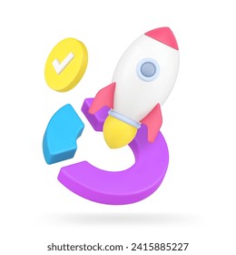 Startup analyzing business planning success development with rocket and diagram 3d icon realistic vector illustration. Innovation idea management project efficient productivity marketing chart graph