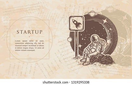 Startup. Astronaut in space. Renaissance background. Medieval manuscript, engraving art  