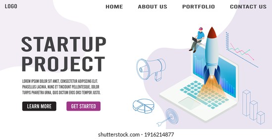 Startup background business isometric concept building new business, SEO, teamwork and management, company processes 
with rocket, chart, laptop and people. Flat design vector illustration eps 10