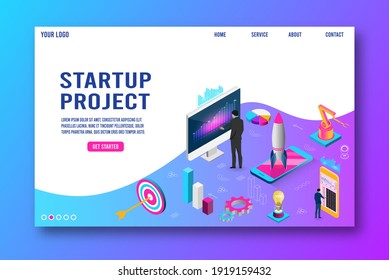 Startup background business isometric concept for building new business, SEO, teamwork and management, company processes 
with rocket, chart, laptop and people. Flat design vector illustration eps 10