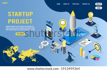 Startup background business isometric concept with rocket, chart, laptop and robot. Flat design vector illustration eps 10