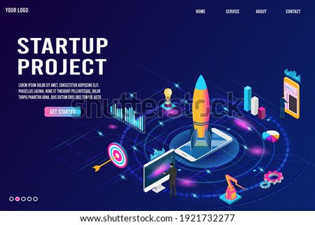 Startup background business isometric concept for building new business, SEO, teamwork and management, company processes 
with rocket, chart, laptop and people. Flat design vector illustration eps 10