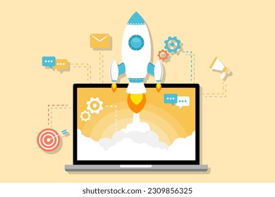 Startup-Hintergrund mit Raketenstart auf Laptop-Bildschirm