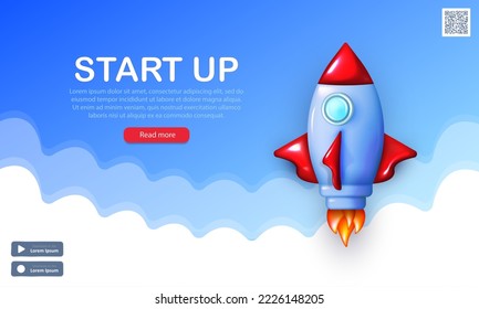 Startup banner with 3d cartoon glossy rocket flying in blue sky with white clouds. Background with realistic spaceship launching in space. Editable template of web page for business, cryptocurrency