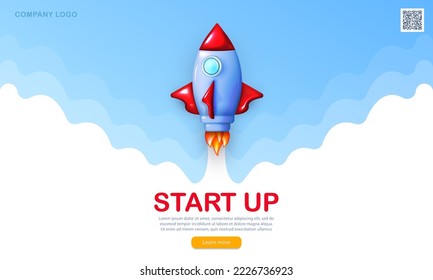 Startup banner with 3d cartoon glossy rocket flying in blue sky with white clouds. Background with realistic spaceship launching in space. Editable template for business, cryptocurrency project