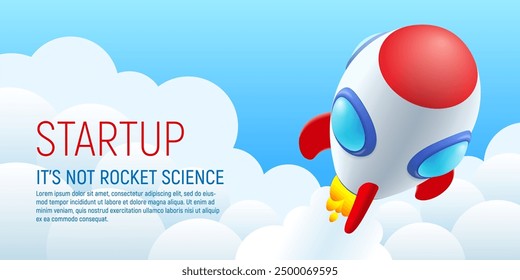 Startup banner concept with rocket flying above clouds. Business launch concept with spaceship in the sky. 3d template cartoon vector illustration.