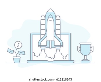 StartUp Banner Concept rocket launch laptop