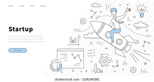 Startup Banner With Man Fly On Rocket. Concept Of Launch And Management New Business Project. Vector Landing Page Of Start Up Company With Doodle Illustration Of Man On Spaceship, Charts And Diagram