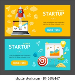 Startup Banner Realistic Detailed 3d Horizontal Set Include of Computer, Goal, Chart or Graph. Vector illustration of Banners