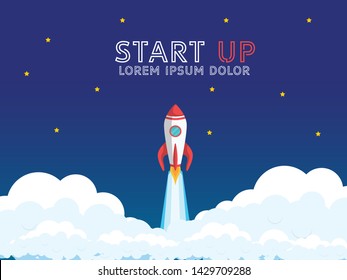 Startup banner with rocket. Office future rocket launch into space banner concept. 