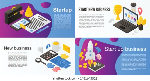Startup banner set. Isometric set of startup vector banner for web design