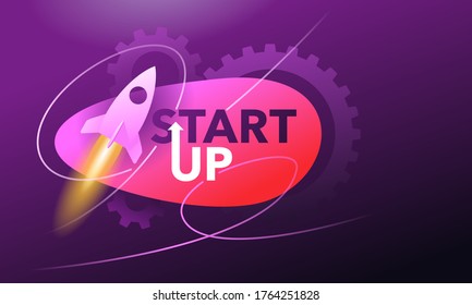 Startup banner - spaceship rocket launch and START UP slogan on neon background