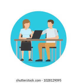 Startup banner workers looking at laptop, man and woman sitting by table, working place and discussion, circled image isolated on vector illustration