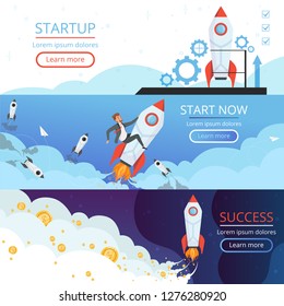Startup banners. New idea or creative business launch rocket ship or shuttle symbol of first project vector concept pictures
