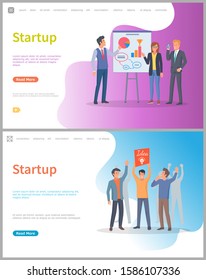 Startup beginning of new project vector. People with happy faces with idea on banner in hands. Diagram and info charts, infographics on board. Website or webpage template, landing page flat style