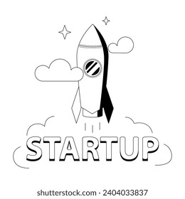 Startup black and white illustration, banner, with rocket and cloud