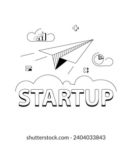 Startup black and white illustration, banner, with paper plane