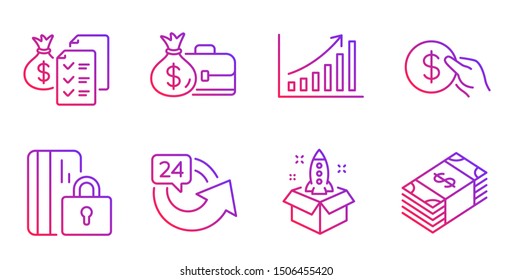 Startup, Blocked card and 24 hours line icons set. Graph chart, Payment and Salary signs. Accounting wealth, Usd currency symbols. Innovation, Private money. Finance set. Gradient startup icon. Vector