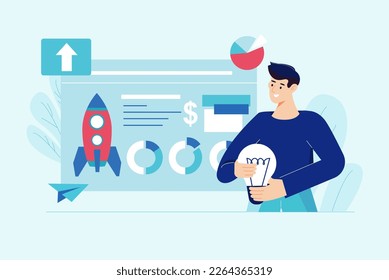 Startup blue concept with people scene in the flat cartoon design. Guy is preparing to launch his startup into a big business. Vector illustration.