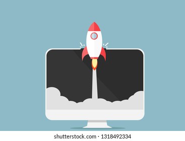 Startup or boost concept, rocket launch from computer or desktop pc, idea of successful business project start up or release, boost technology, innovation strategy 