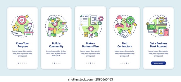 Startup boosting tips onboarding mobile app page screen. Entrepreneurship walkthrough 5 steps graphic instructions with concepts. UI, UX, GUI vector template with linear color illustrations