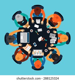 Startup brainstorming meeting. Business teamwork at a round table. Sharing ideas and reporting.  Flat vector illustration.