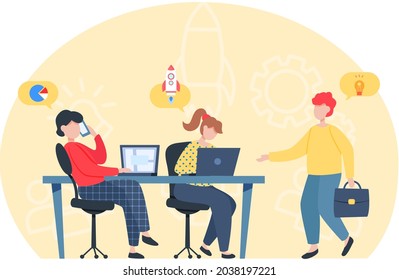 Startup-Ideenentwicklung, erfolgreiche Teamwork Building Business, Geschäftsleute bei Treffen. Innovation und kreative moderne Planung. Menschen, die mit Laptop im Büro arbeiten, kommunizieren