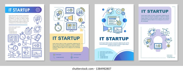 IT startup brochure template layout. Starting new business. Flyer, booklet, leaflet print design with linear illustrations. Vector page layouts for magazines, annual reports, advertising posters