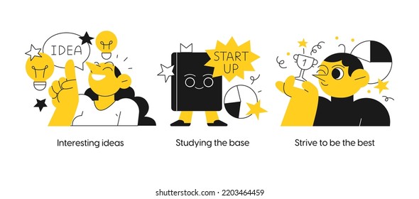 Startup And Building New Business - Set Of Business Concept Illustrations. Interesting Ideas, Studying The Base, Strive To Be The Best. Visual Stories Collection