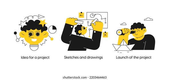 Startup and building new business - set of business concept illustrations. Idea for a project, sketches and drawings, Project launch. Visual stories collection