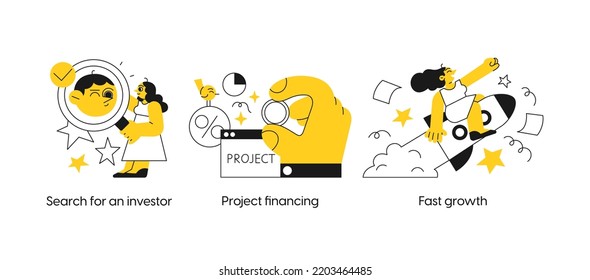 Startup and building new business - set of business concept illustrations. Search for an investor, Project financing, Fast growth. Visual stories collection