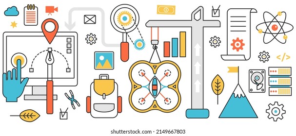Startup building, new technology. Abstract process of brand projects creation with construction crane, analytics, art designers work and tools in infographic concept banner, thin line art design