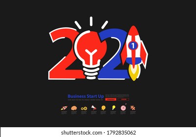 Startup business 2021 new year rocket launch with creative light bulb ideas, Vector illustration modern design layout template