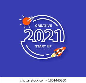 Startup business 2021 new year rocket launch with creative light bulb ideas, Vector illustration modern design layout template